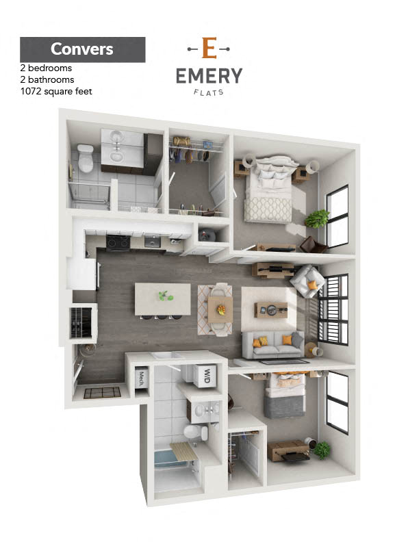 Floor plan for 2 beds, 2 baths, 1072 sqft